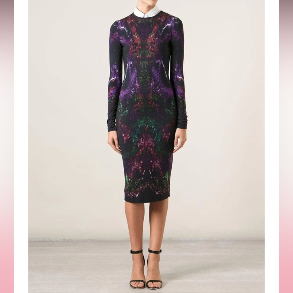 Alexander McQueen Black Purple Green Feather Print Pencil Dress